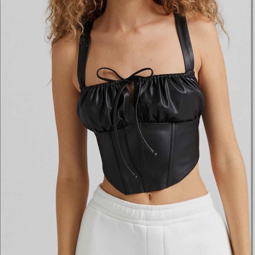 Bershka tie corseted faux leather crop top black